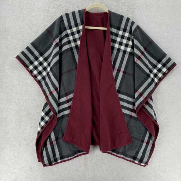 Reversible Fleece Plaid Poncho OS One Size Cover‎ Up Sweater Wrap Shawl Burgundy - Picture 1 of 12